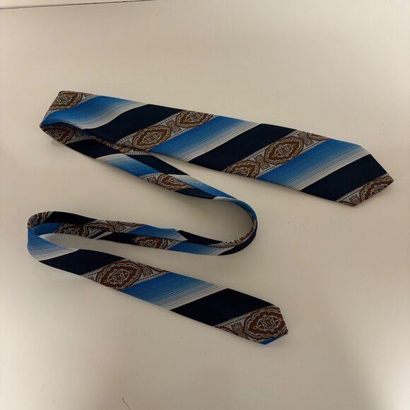 Vintage Polyester Tie Blue Rust Abstract Striped Mens Necktie Classic Office - Picture 2 of 6